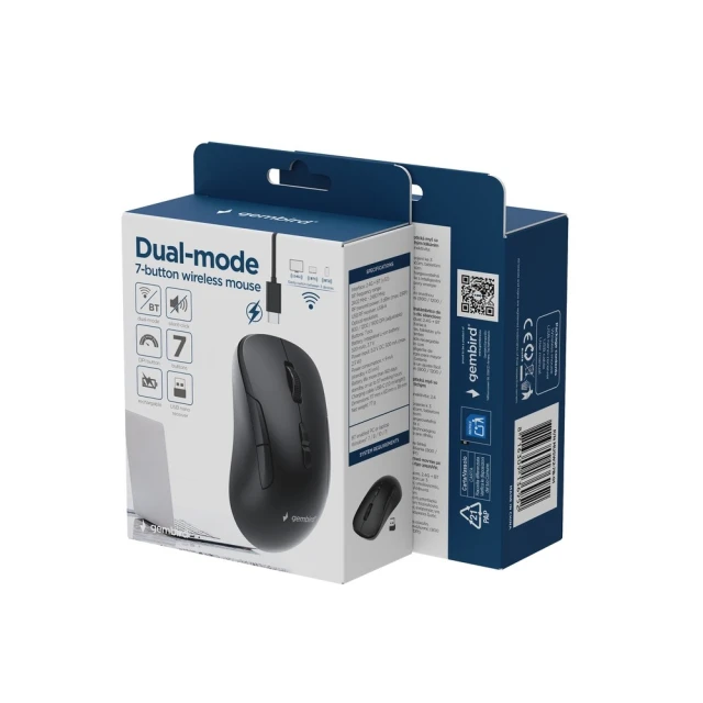 Мышь Gembird MUSW2-7B Dual Mode беспроводная 2.4G + Bluetooth 1600 DPI 7 кнопок Black (8716309136952)