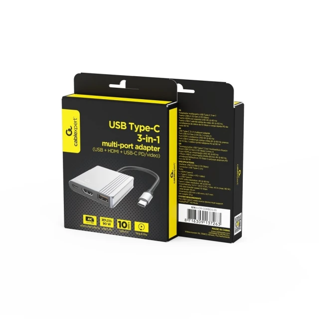 Мультиадаптер Gembird USB Type-C 3 в 1 (USB, HDMI, USB-C Video) Gray (8716309137263)