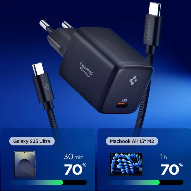 Мережевий зарядний пристрій Spigen Essential 1-Port 45W + Type-C Cable Black (ACH09474)