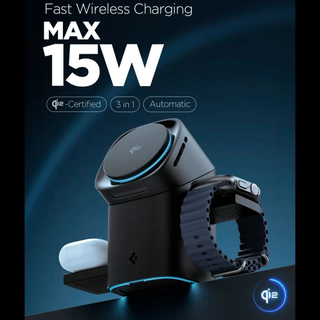 Бездротовий зарядний пристрій Spigen Essential EF223MS 3-in-1 Rotary Magnetic 15W Black with MagSafe (ACH09542)
