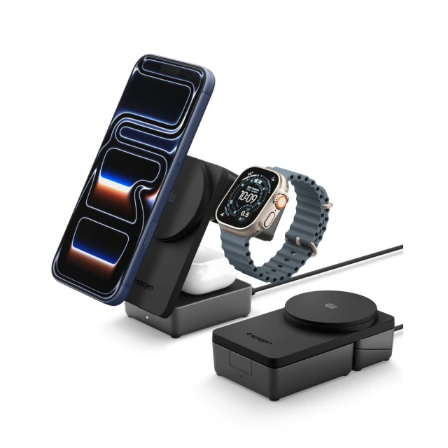 Бездротова зарядка Spigen Essential 3in1 Magnetic 25W Qi2.2 Black with MagSafe (ACH10398)
