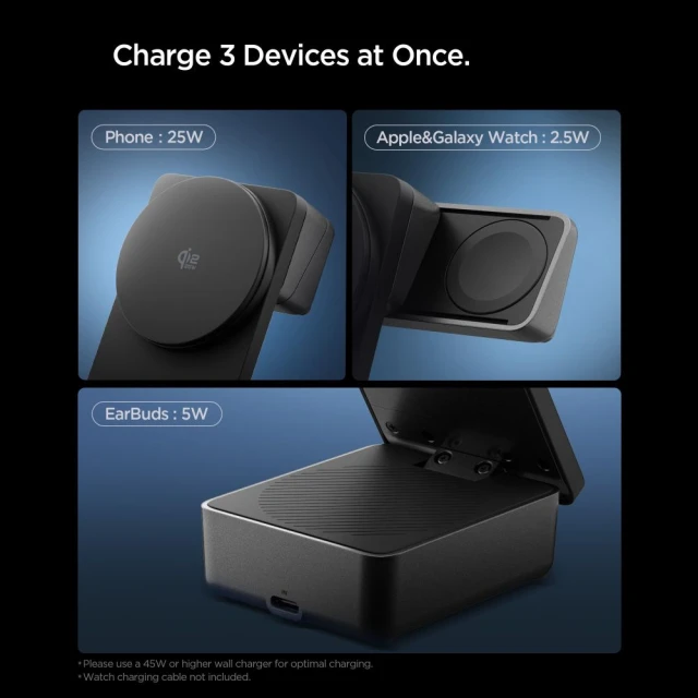 Бездротова зарядка Spigen Essential 3in1 Magnetic 25W Qi2.2 Black with MagSafe (ACH10398)