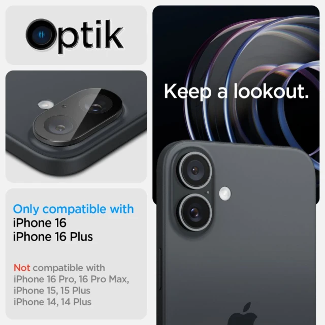 Защитное стекло Spigen для камеры iPhone 16 | 16 Plus Optik Glas. TR (2 pack) Black (AGL07922)