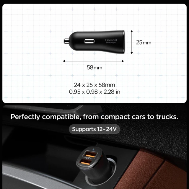 Автомобільний зарядний пристрій Spigen Essential EV302 30W 2xUSB-A Black (ACP08700)