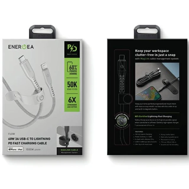 Кабель Energea Flow USB-C до Lightning C94 MFI 1.5m White 60W 3A PD Fast Charge (CBL-FLCL-WHT150M)