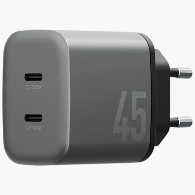 Мережевий зарядний пристрій Energea Ampcharge GaN45 2xUSB-C PD/PPS/QC3.0 45W Grey (CHR-AC2C-GAN45EU)