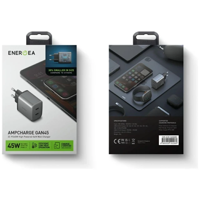 Мережевий зарядний пристрій Energea Ampcharge GaN45 2xUSB-C PD/PPS/QC3.0 45W Grey (CHR-AC2C-GAN45EU)
