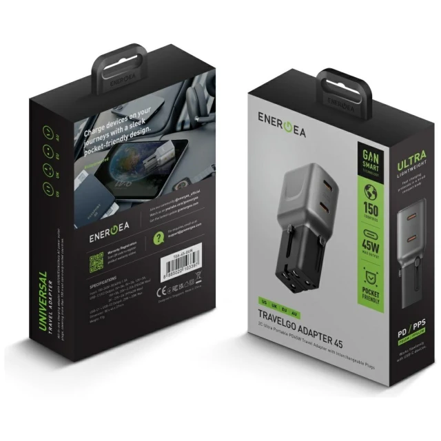 Зарядний пристрій Energea TravelGo Adapter 45 2xUSB-C 45W Grey (TGA-45-GUN)