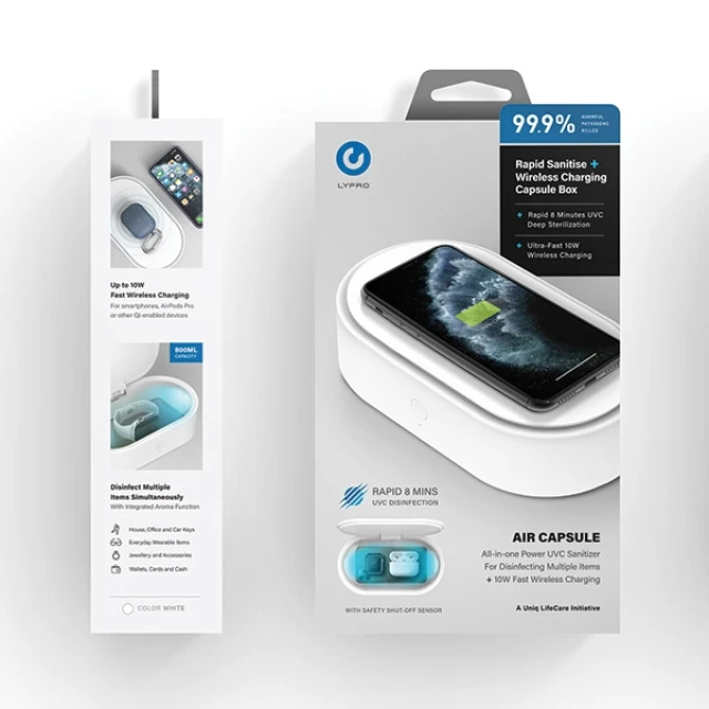 Дезінфекційний кейс із бездротовою зарядкою Uniq Air Capsule LYFRO UV-C 10W White (LYFRO-AIRCAPW-WHT)