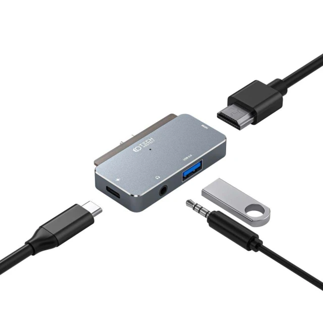 USB-хаб Tech-Protect V6-Hub Adapter 4in1 USB-A | USB-C PD 100W | HDMI 4K 30Hz | Mini Jack 3.5mm Grey (9490713931585)