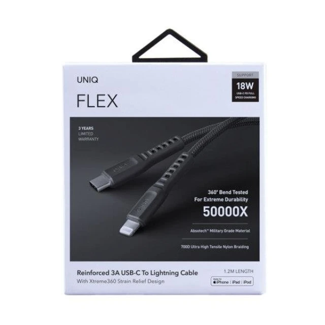 Кабель Uniq MFI Flex USB-C- Lightning 18W 1.2 m Nylon Gray / Charcoal Gray (UNIQ-FLEX(CTMFI)-GREY)